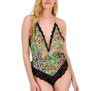 INC International Concepts Lace Chiffon Floral Lingerie Bodysuit Jungle Leopard